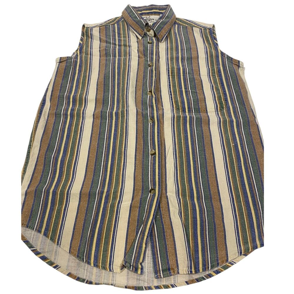 Vintage CHAZZZ Linen Striped Top Button-Down Sleeveless Size Small